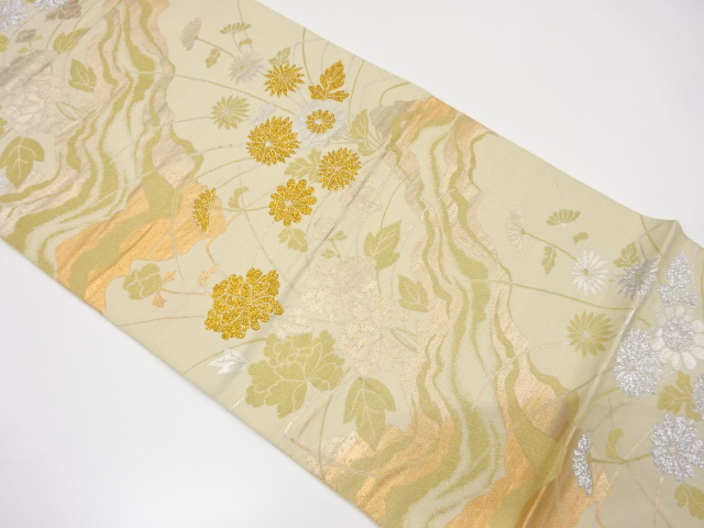 アンティーク　霞に菊・牡丹模様織り出し袋帯（材料）